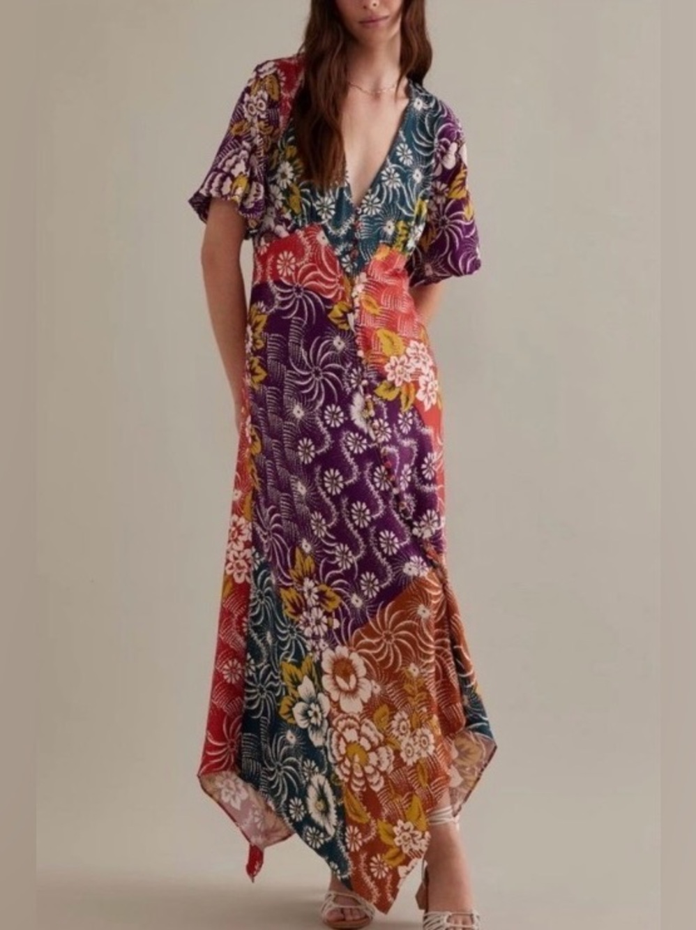 By Anthropologie V-Neck Flutter-Sleeve Buttoned Handkerchief Maxi Dress Size 2